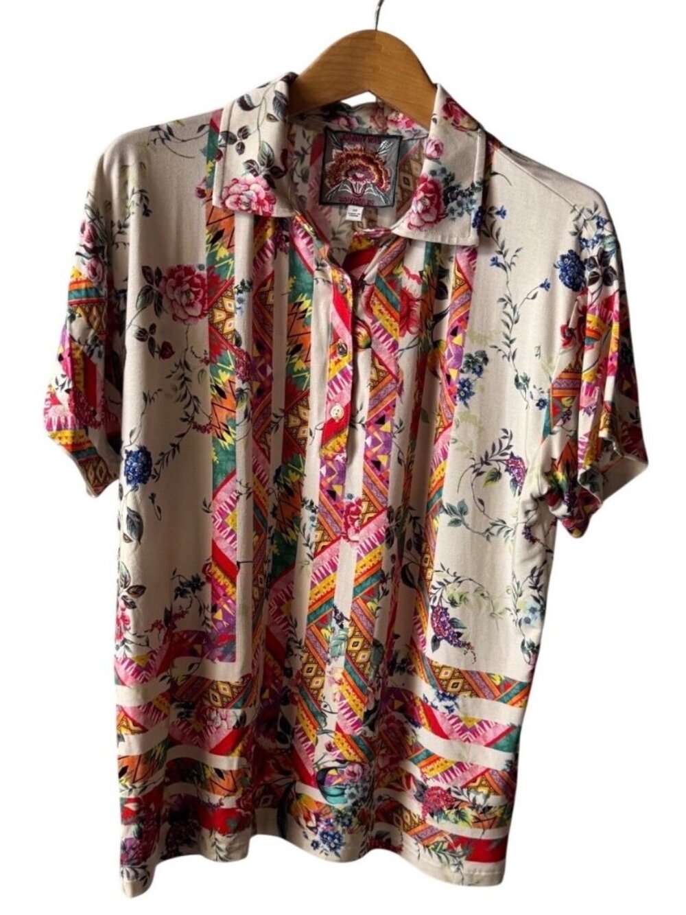 Johnny Was XS Azzy Boho Floral & Geometric Bamboo Button-Up Polo Shirt - Picture 9 of 11